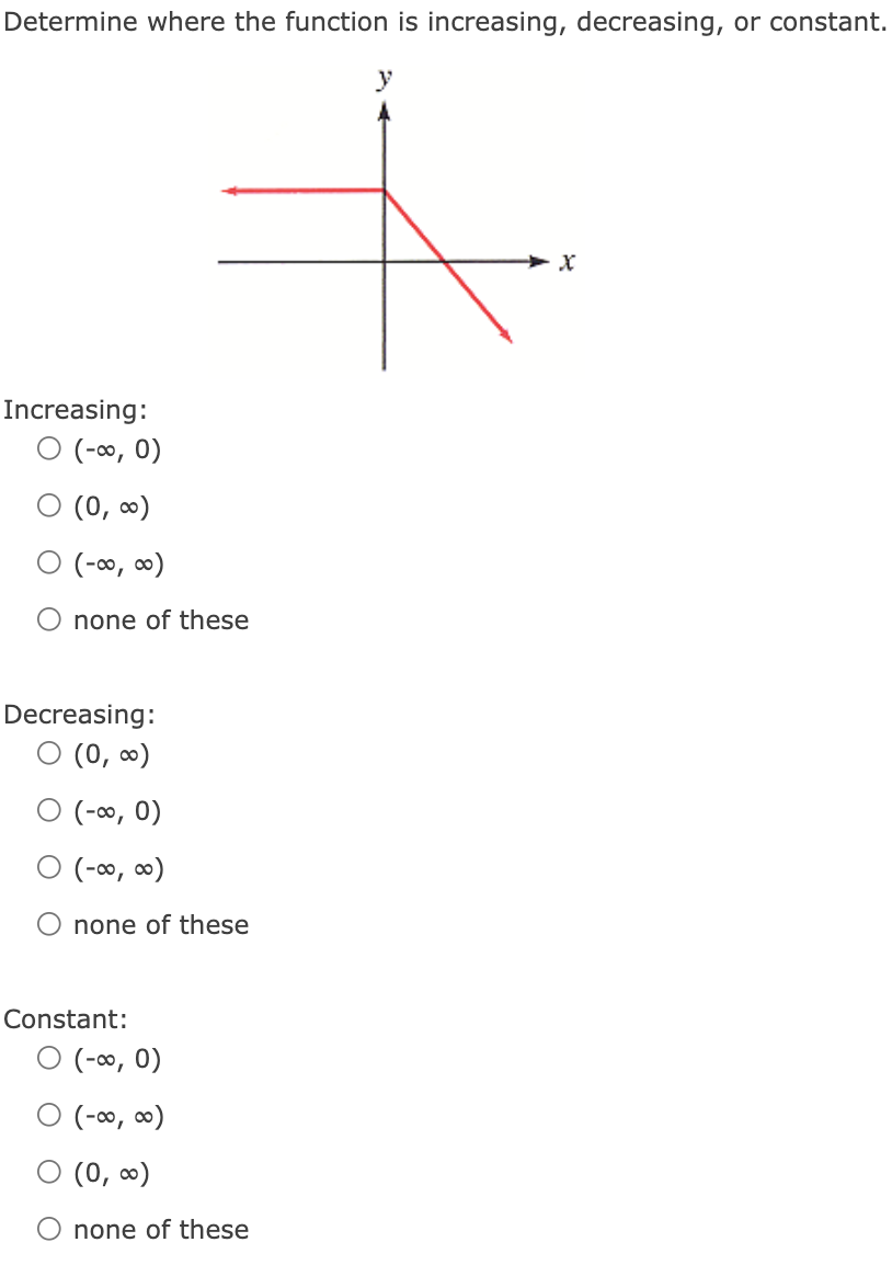 Determine where the function is increasing, decreasing, or constant.
y
Increasing:
O (-∞, 0)
O (0, ∞)
O (-∞, ∞)
none of these
Decreasing:
O (0, ∞)
O (-0∞, 0)
O (-o, 0)
none of these
Constant:
O (-0∞, 0)
O (-∞, ∞)
O (0, ∞)
none of these
