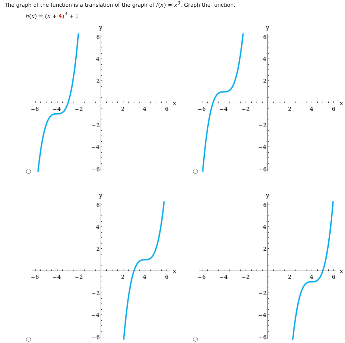 The graph of the function is a translation of the graph of f(x) = x³. Graph the function.
h(x) :
(x + 4)3 + 1
y
y
6-
4
4
2
2
X
-6
-4
-2
-6
-4
-2
2
4
6
-2
-2
-4
-6F
-6F
y
y
6-
6-
4
4
2
2
X
-6
-4
-2
2
4
-6
-4
-2
2
4
6
-2
-2
-4
-4
-6F
-6F
