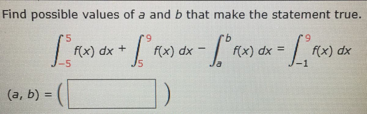 Find possible values of a and b that make the statement true.
9.
f(x) dx +
f(x) dx -
f(x) dx
f(x) dx
(a, b) =
