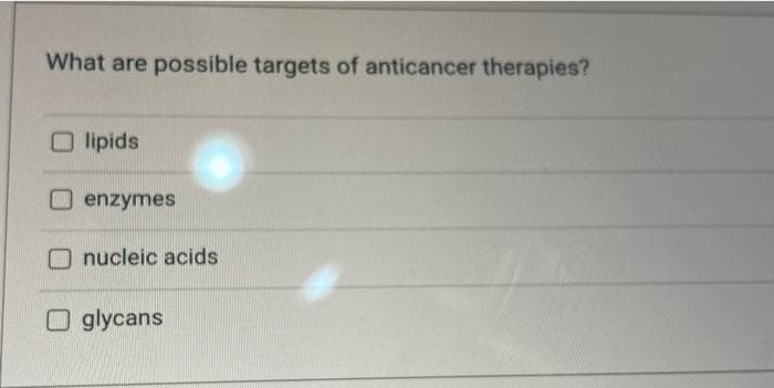 What are possible targets of anticancer therapies?
Olipids
enzymes
nucleic acids
Oglycans
