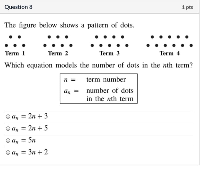Question 8
1 pts
The figure below shows a pattern of dots.
Term 1
Term 2
Term 3
Term 4
Which equation models the number of dots in the nth term?
n =
term number
An =
number of dots
in the nth term
O an = 2n +3
O ɑn = 2n + 5
O an = 5n
O an = 3n +2
