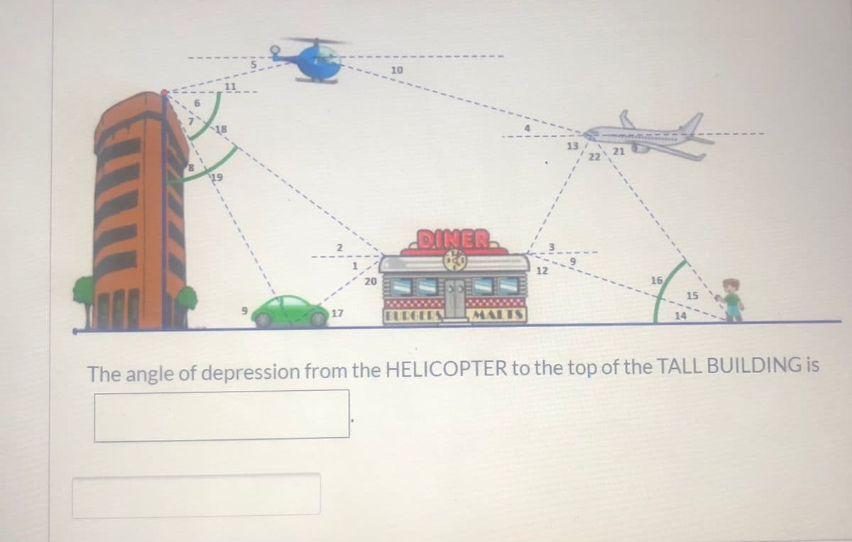 5
10
18
.*****
13
21
, 22
DINER
2
3
12
20
16
15
6.
17
MALIS
14
The angle of depression from the HELICOPTER to the top of the TALL BUILDING is
11
