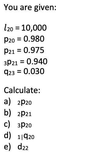 You are given:
l20 = 10,000
P20 = 0.980
%3D
P21 = 0.975
3P21 = 0.940
923 = 0.030
%3D
Calculate:
a) 2р20
b) 2p21
с) зр20
d) 1|920
e) d22
