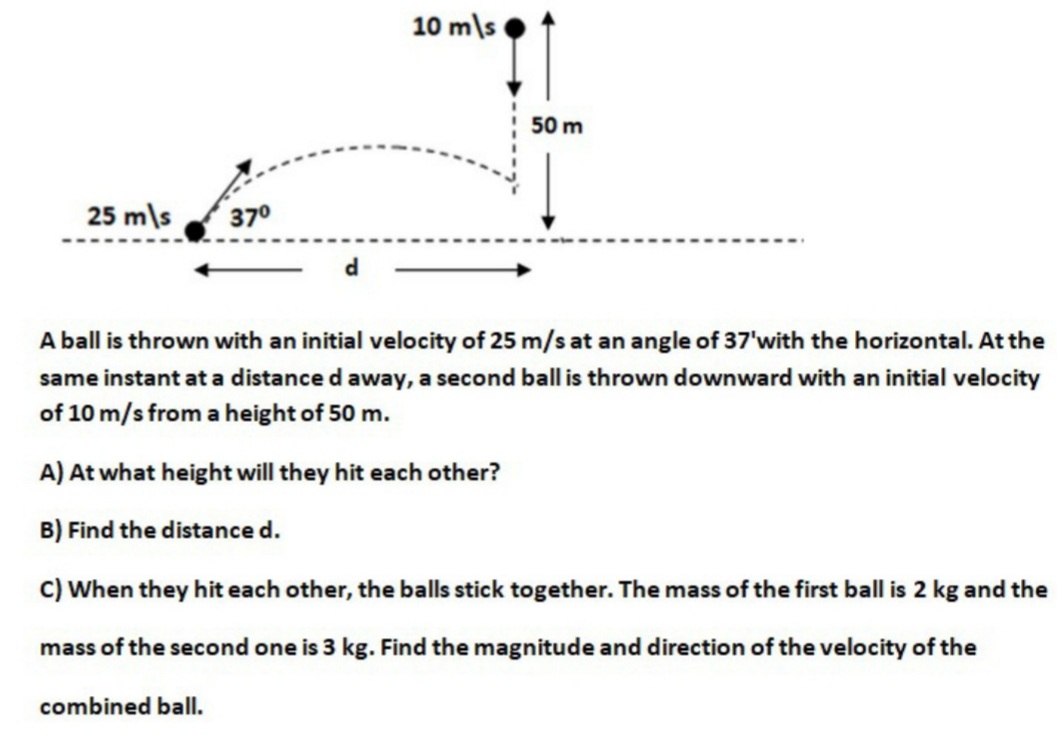 A ball is thrown with an initial velocity of 25 m/s at an angle of 37'with the horizontal. At the
same instant at a distance d away, a second ball is thrown downward with an initial velocity
of 10 m/s from a height of 50 m.
