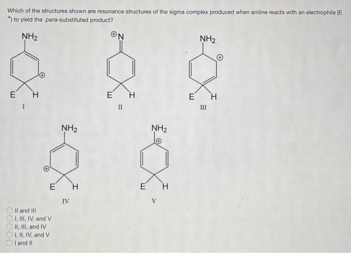 Which of the structures shown are resonance structures of the sigma complex produced when aniline reacts with an electrophile (E
to yield the para-substituted
product?
ON
NH₂
NH₂
Ε΄ Ἡ
E H
II
III
Ε΄ Η
0000
E
II and III
I, III, IV, and V
II, III, and IV
I, II, IV, and V
I and II
NH₂
H
IV
E
NH₂
H