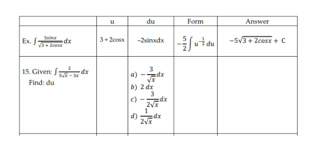 du
Form
Answer
u
Ssinx
Ex. S
dx
V3 + 2cosx
3+ 2cosx
-2sinxdx
-5V3 + 2cosx + C
15. Given: J – 3x
dx
a) -dx
Find: du
b) 2 dx
3
dx
c)
dx
