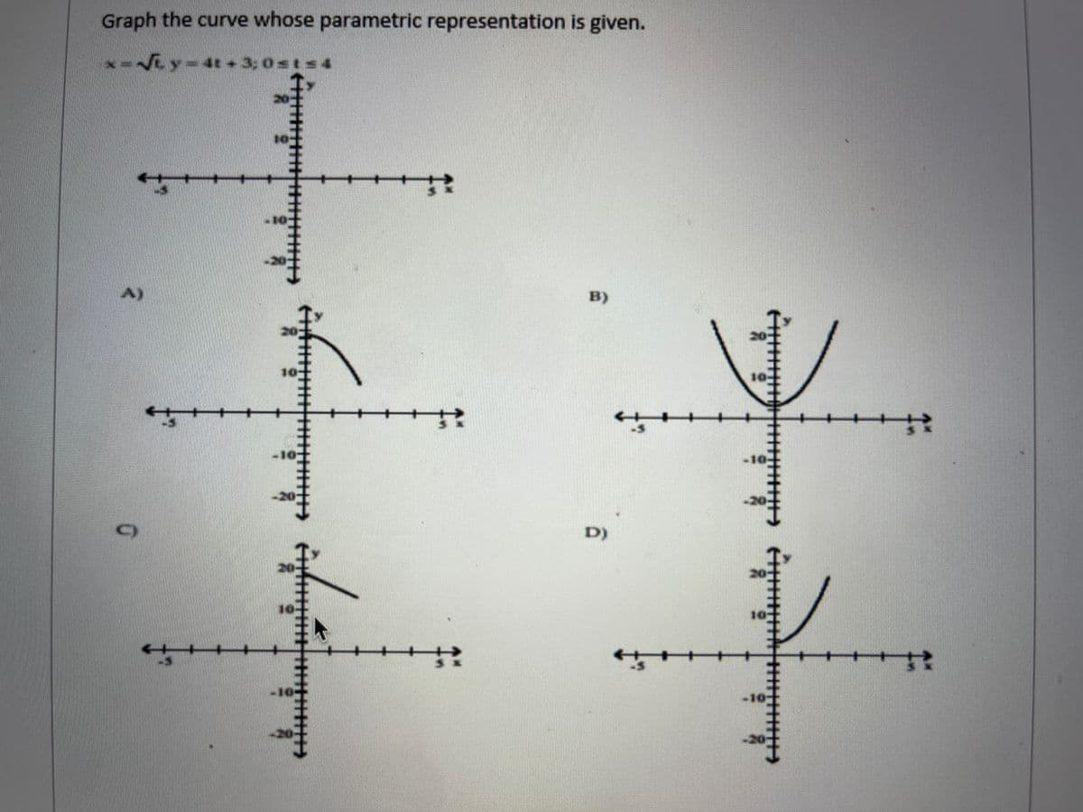 Graph the curve whose parametric representation is given.
x-iy-4t - 3:0=t=4
A)
B)
20
10
10
of
-10
-10
-20
-20
D)
20-
20
10
10
-10-
-10
-20
