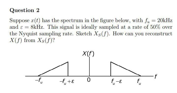Question 2
Suppose r(t) has the spectrum in the figure below, with fu = 20kHz
and ɛ = 8kHz. This signal is ideally sampled at a rate of 50% over
the Nyquist sampling rate. Sketch Xs(f). How can you reconstruct
X(f) from Xs(f)?
%3D
X(f)
if
f.

