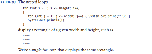 display a rectangle of a given width and height, such as
****
Write a single for loop that displays the same rectangle.
