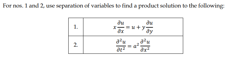 For nos. 1 and 2, use separation of variables to find a product solution to the following:
ди
1.
ди
x-=u + y
?х
J2u
2.
at2
=
ду
J2u
?x2
a2