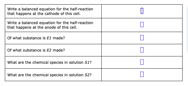 Write a balanced equation for the half-reaction
that happens at the cathode of this cell.
Write a balanced equation for the half-reaction
that happens at the anode of this cell.
Of what substance is E1 made?
Of what substance is E2 made?
What are the chemical species in solution S1?
What are the chemical species in solution S2?
