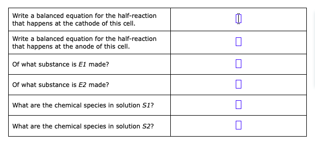Write a balanced equation for the half-reaction
that happens at the cathode of this cell.
Write a balanced equation for the half-reaction
that happens at the anode of this cell.
Of what substance is E1 made?
Of what substance is E2 made?
What are the chemical species in solution S1?
What are the chemical species in solution S2?
