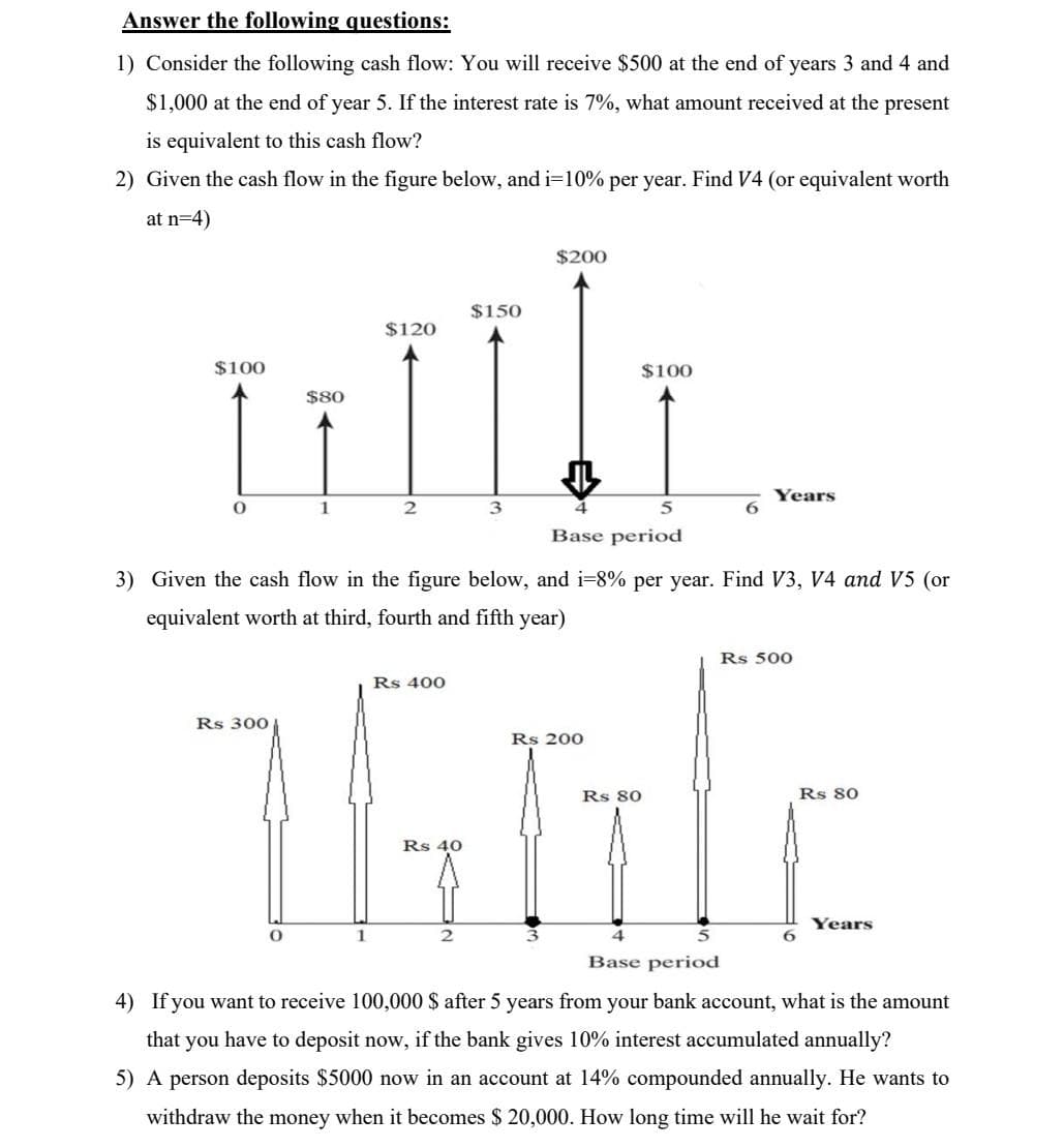 Answer the following questions:
1) Consider the following cash flow: You will receive $500 at the end of years 3 and 4 and
$1,000 at the end of year 5. If the interest rate is 7%, what amount received at the present
is equivalent to this cash flow?
2) Given the cash flow in the figure below, and i=10% per year. Find V4 (or equivalent worth
at n=4)
$200
$150
$120
$100
$100
$80
Years
6.
3.
5
Base period
3) Given the cash flow in the figure below, and i=8% per year. Find V3, V4 and V5 (or
equivalent worth at third, fourth and fifth year)
Rs 500
Rs 400
Rs 300
Rs 200
Rs 80
Rs 80
Rs 40
Years
1
Base period
4) If you want to receive 100,000 $ after 5 years from your bank account, what is the amount
that you have to deposit now, if the bank gives 10% interest accumulated annually?
5) A person deposits $5000 now in an account at 14% compounded annually. He wants to
withdraw the money when it becomes $ 20,000. How long time will he wait for?
