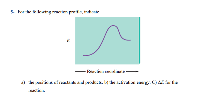 5- For the following reaction profile, indicate
E
- Reaction coordinate-
a) the positions of reactants and products. b) the activation energy. C) AE for the
reaction.

