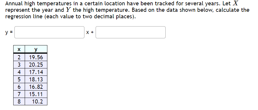 Annual high temperatures in a certain location have been tracked for several years. Let X
represent the year and Y the high temperature. Based on the data shown below, calculate the
regression line (each value to two decimal places).
y =
X +
y
19.56
2
3
20.25
4
17.14
18.13
6
16.82
7
15.11
8
10.2
