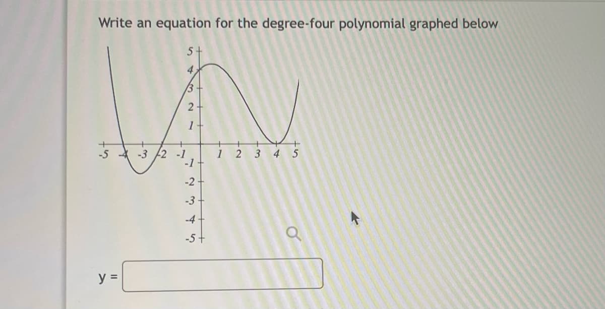 Write an equation for the degree-four polynomial graphed below
5 +
4
13
2
1
p
+
-3 -2 -1
1 2 3
4 5
-1
-2
-3
-4+
-5+
-5
y =
1
++
o