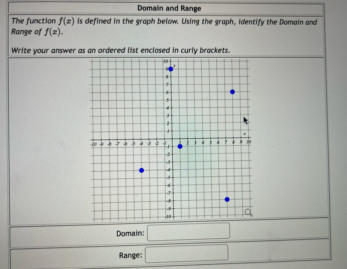 Domain and Range
The function f(x) is defined in the graph below. Using the graph, identify the Domain and
Range of f(x).
Write your answer as an ordered list enclosed in curly brackets.
10
-10 -9 -8 -7 -6 -5 -4 -3 -2
●
Domain:
Range:
90
8
7
6
5
4
3
2
+
-7
1
-2
-3
4
-S
-6
-7
-8
9
10+
2 3
4
5
●
8
7
6
9 10