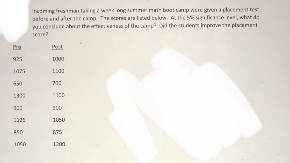Incoming freshman taking a week long summer math boot camp were given a placement test
before and after the camp. The scores are listed below. At the 5% significance level, what do
you conclude about the effectiveness of the camp? Did the students improve the placement
score?
Pre
Post
925
1000
1075
1100
650
700
1300
1100
900
900
1125
1050
850
875
1050
1200
