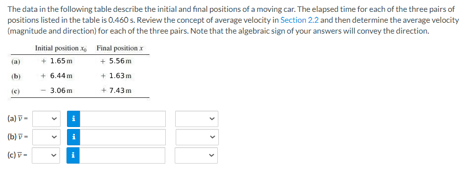 The data in the following table describe the initial and final positions of a moving car. The elapsed time for each of the three pairs of
positions listed in the table is 0.460 s. Review the concept of average velocity in Section 2.2 and then determine the average velocity
(magnitude and direction) for each of the three pairs. Note that the algebraic sign of your answers will convey the direction.
(a)
(b)
(c)
(a) v =
(b) v =
(c) v =
Initial position xo Final position x
+ 1.65 m
+ 5.56m
+ 1.63 m
+ 7.43 m
+6.44 m
3.06m
<
>
<
i
i
Mi
<
<