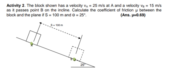 Activity 2. The block shown has a velocity va = 25 m/s at A and a velocity vg = 15 m/s
as it passes point B on the incline. Calculate the coefficient of friction u between the
block and the plane if S = 100 m and e = 25°.
(Ans. p=0.69)
S- 100 m
25
