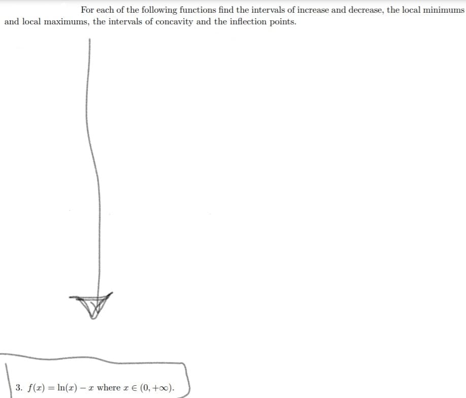 For each of the following functions find the intervals of increase and decrease, the local minimums
and local maximums, the intervals of concavity and the inflection points.
3. f(x) = In(x) – x where r E (0, +0).
