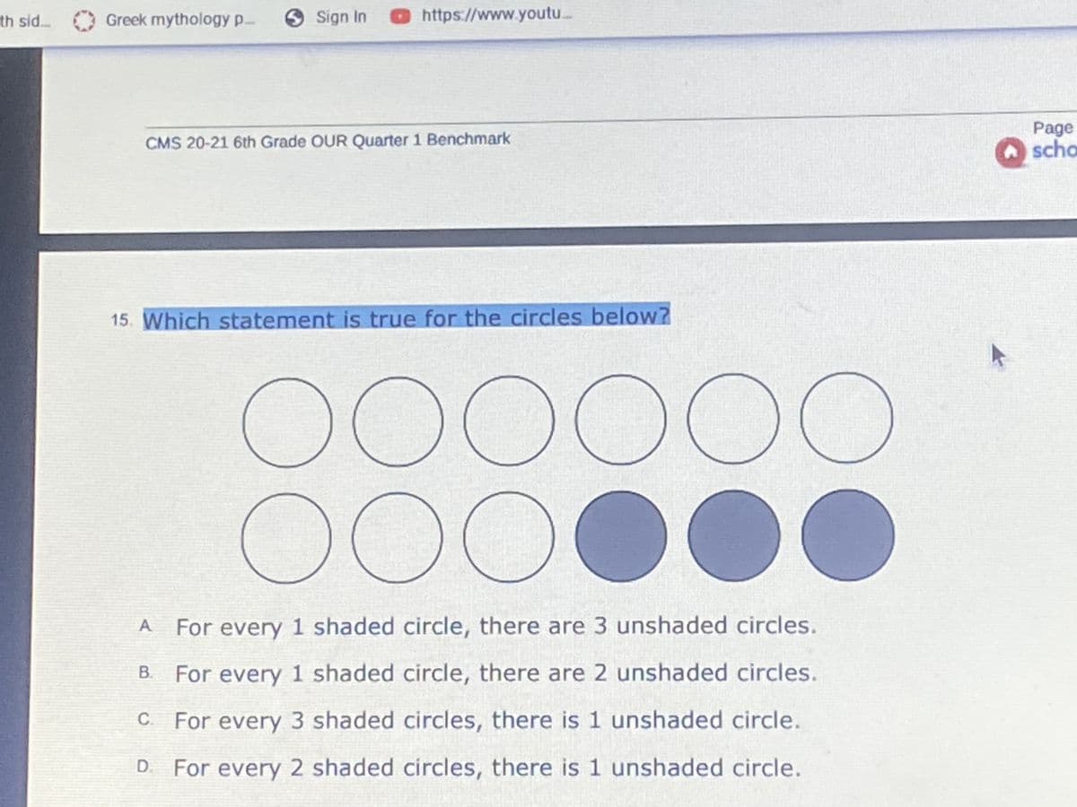 th sid.
Greek mythology p-
9 Sign In
O https://www.youtu.
Page
scho
CMS 20-21 6th Grade OUR Quarter 1 Benchmark
15. Which statement is true for the circles below7
O0OOOOO
A.
For every 1 shaded circle, there are 3 unshaded circles.
B.
For every 1 shaded circle, there are 2 unshaded circles.
C. For every 3 shaded circles, there is 1 unshaded circle.
D. For every 2 shaded circles, there is 1 unshaded circle.

