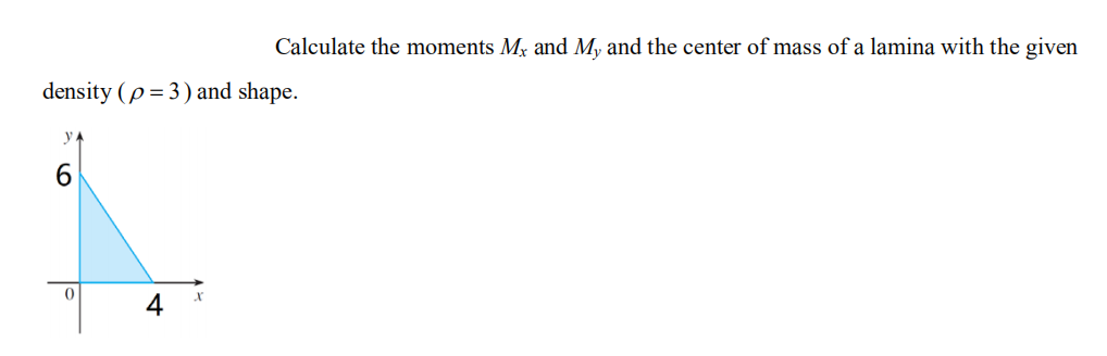 Calculate the moments My and My and the center of mass of a lamina with the given
density (p = 3) and shape.
y A
6.
4
