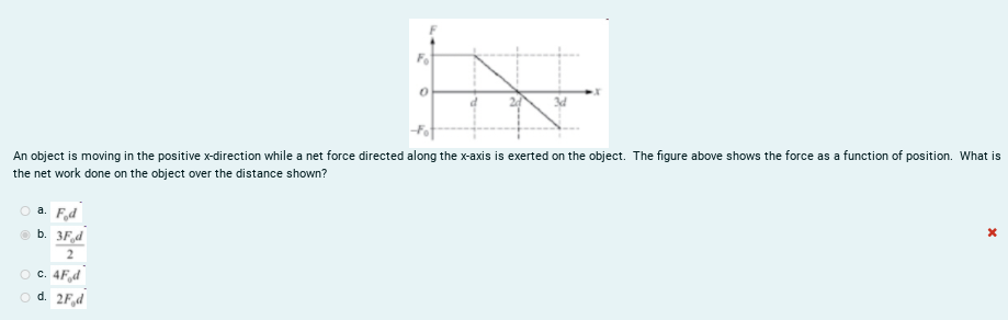 An object is moving in the positive x-direction while a net force directed along the x-axis is exerted on the object. The figure above shows the force as a function of position. What is
the net work done on the object over the distance shown?
F,d
b. 3Fd
2
O c. 4F d
o d. 2F,d
