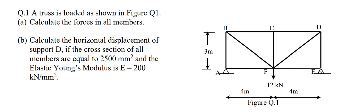 Q.1 A truss is loaded as shown in Figure Q1.
(a) Calculate the forces in all members.
(b) Calculate the horizontal displacement of
support D, if the cross section of all
members are equal to 2500 mm² and the
Elastic Young's Modulus is E = 200
kN/mm².
↑
3m
↓
B
4m
12 kN
Figure Q.1
4m
D