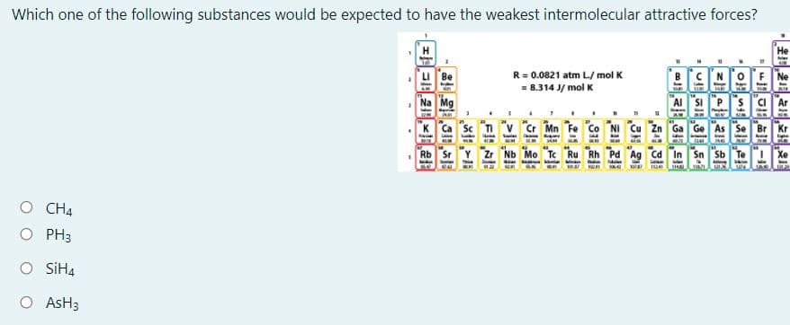 Which one of the following substances would be expected to have the weakest intermolecular attractive forces?
Не
LIBe
R = 0.0821 atm L/ mol K
= 8.314 J/ mol K
Bc 'N o
Na Mg
AI si Ps
Ar
Cu Zn Ga Ge As Se Br Kr
Rb Sr Y Zr Nb Mo Tc Ru Rh Pd Ag Cd In Sn Sb Te
UA K A L
O CH4
O PH3
SİH4
O AsH3
Eコ2
