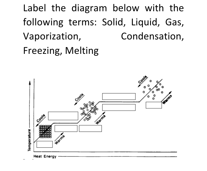 Label the diagram below with the
following terms: Solid, Liquid, Gas,
Vaporization,
Freezing, Melting
Condensation,
Cools
Cools
Cools
Warms
Warms
Warms
Heat Energy
Temperature
