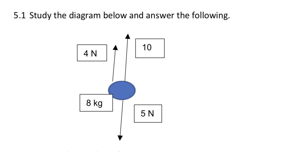 5.1 Study the diagram below and answer the following.
10
4 N
8 kg
5 N
