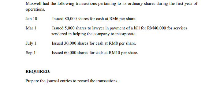 Maxwell had the following transactions pertaining to its ordinary shares during the first year of
operations.
Jan 10
Issued 80,000 shares for cash at RM6 per share.
Mar 1
Issued 5,000 shares to lawyer in payment of a bill for RM40,000 for services
rendered in helping the company to incorporate.
July 1
Issued 30,000 shares for cash at RM8 per share.
Sep 1
Issued 60,000 shares for cash at RM10 per share.
REQUIRED:
Prepare the journal entries to record the transactions.
