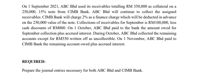 On 1 September 2021, ABC Bhd used its receivables totalling RM 350,000 as collateral on a
250,000, 15% note from CIMB Bank. ABC Bhd will continue to collect the assigned
receivables. CIMB Bank will charge 2% as a finance charge which will be deducted in advance
on the 250,000 value of the note. Collections of receivables for September is RM100,000, less
cash discounts of RM800. On 1 October, ABC Bhd paid to the bank the amount owed for
September collection plus accrued interest. During October, ABC Bhd collected the remaining
accounts except for RM550 written off as uncollectible. On 1 November, ABC Bhd paid to
CIMB Bank the remaining account owed plus accrued interest.
REQUIRED:
Prepare the journal entries necessary for both ABC Bhd and CIMB Bank.
