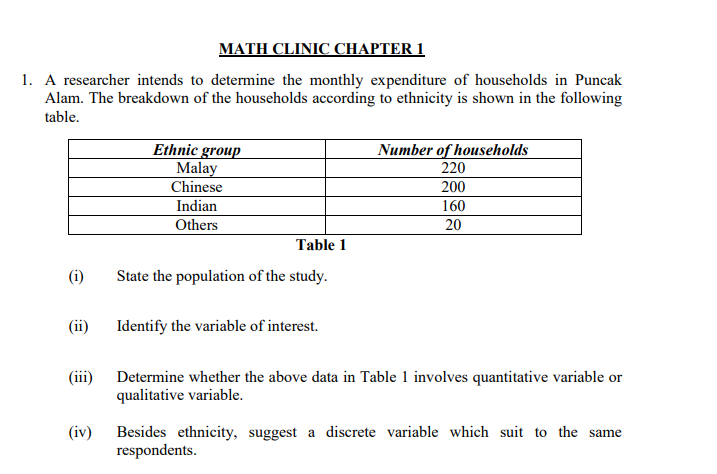 MATH CLINIC CHAPTER 1
1. A researcher intends to determine the monthly expenditure of households in Puncak
Alam. The breakdown of the households according to ethnicity is shown in the following
table.
Ethnic group
Malay
Chinese
Number of households
220
200
Indian
Others
160
20
Table 1
(i)
State the population of the study.
Identify the variable of interest.
(iii)
Determine whether the above data in Table 1 involves quantitative variable or
qualitative variable.
(iv)
Besides ethnicity, suggest a discrete variable which suit to the same
respondents.
