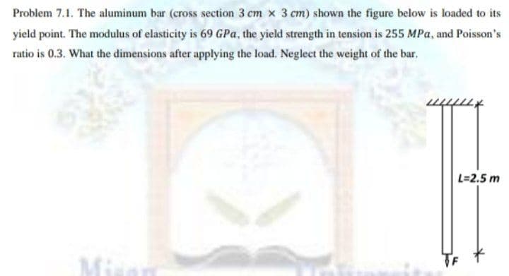 Problem 7.1. The aluminum bar (cross section 3 cm x 3 cm) shown the figure below is loaded to its
yield point. The modulus of elasticity is 69 GPa, the yield strength in tension is 255 MPa, and Poisson's
ratio is 0.3. What the dimensions after applying the load. Neglect the weight of the bar.
L=2.5 m
Misan
