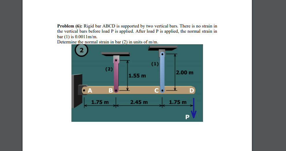 Problem (6): Rigid bar ABCD is supported by two vertical bars. There is no strain in
the vertical bars before load P is applied. After load P is applied, the normal strain in
bar (1) is 0.0011m/m.
Determine the normal strain in bar (2) in units of m/m.
(1)
(2)
2.00 m
1.55 m
B
1.75 m
2.45 m
1.75 m
P
