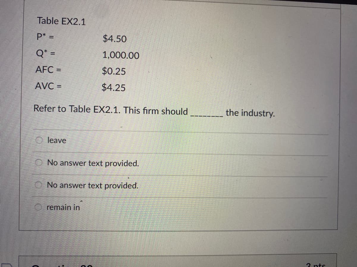 Table EX2.1
P* =
$4.50
Q* =
1,000.00
AFC =
$0.25
AVC =
$4.25
Refer to Table EX2.1. This firm should
the industry.
O leave
O No answer text provided.
No answer text provided.
remain in
3 nts
