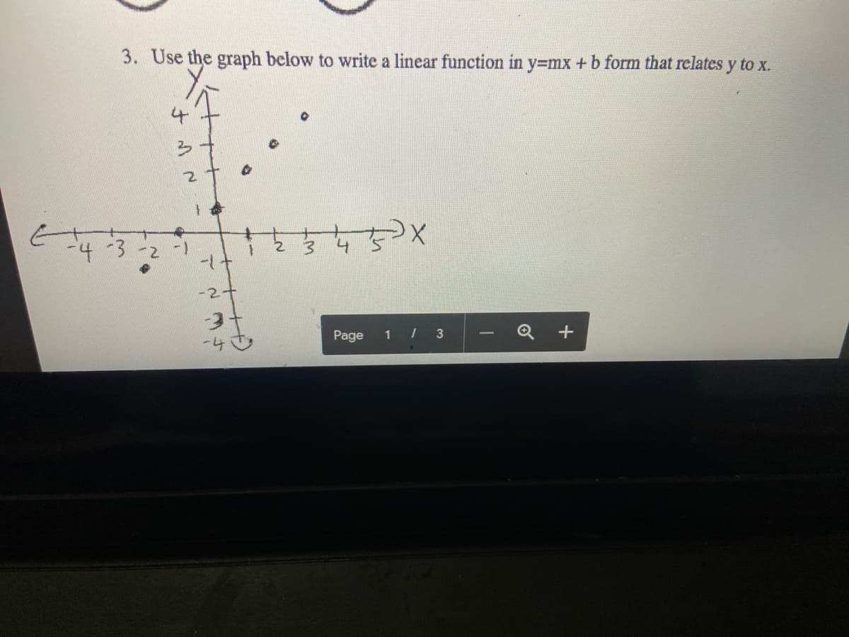 3. Use the graph below to write a linear function in y=mx +b form that relates y to x.
4.
-4-3-2 -1
-
3.
-2+
Page
1 /
3
