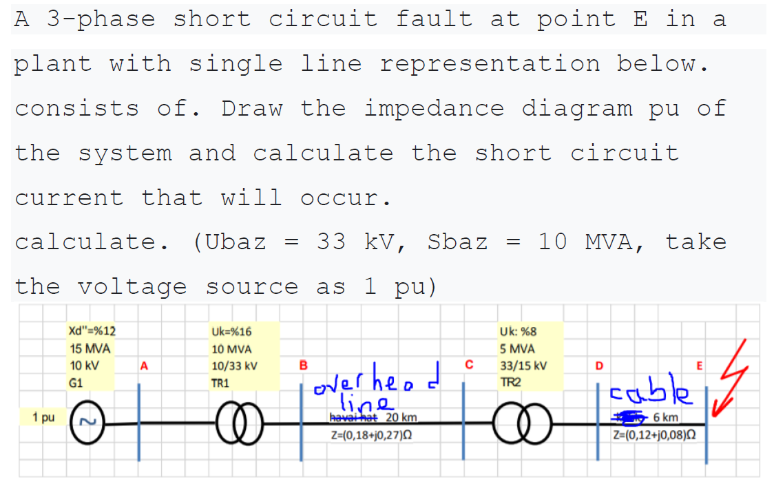 A 3-phase short circuit fault at point E in a
plant with single line representation below.
consists of. Draw the impedance diagram pu of
the system and calculate the short circuit
current that will occur.
calculate. (Ubaz
33 kV, Sbaz
10 MVA,
take
the voltage source as 1 pu)
Uk: %8
5 MVA
33/15 kV
Xd"=%12
Uk=%16
15 MVA
10 MVA
10 kV
A
10/33 kV
B
C
D
over heo d
cable
G1
TR1
TR2
line
havai hat 20 km.
%2 6 km
Z=(0,12+j0,08)Q
1 pu
Z=(0,18+j0,27)Q
