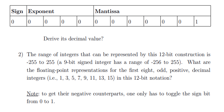 Sign Exponent
Mantissa
Derive its decimal value?
2) The range of integers that can be represented by this 12-bit construction is
-255 to 255 (a 9-bit signed integer has a range of -256 to 255). What are
the floating-point representations for the first eight, odd, positive, decimal
integers (i.e., 1, 3, 5, 7, 9, 11, 13, 15) in this 12-bit notation?
Note: to get their negative counterparts, one only has to toggle the sign bit
from 0 to 1.
