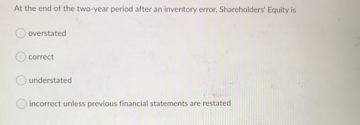 At the end of the two-year period after an inventory error, Shareholders' Equity is
overstated
correct
understated
O incorrect unless previous financial statements are restated
