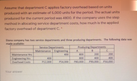 Assume that department C applies factory overhead based on units
produced with an estimate of 5,000 units for the period. The actual units
produced for the current period was 4800. If the company uses the step
method in allocating service department costs, how much is the applied
factory overhead of department C.*
Etona company has two service departments and three producing departments. The following data was
made avalable:
Service Departments
Engineering
400
Producing Departments
Maintenance
A
Maintenance Hrs
Engineering Hrs
Overhead Costs
800
200
200
800
400
400
P90,000
400
P12,000
P54,000
P80,000
P50,000
Your answer
