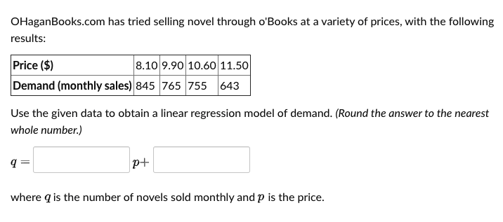 OHaganBooks.com has tried selling novel through o'Books at a variety of prices, with the following
results:
Price ($)
Demand (monthly sales) 845 765 755 643
8.10 9.90 10.6o 11.50
Use the given data to obtain a linear regression model of demand. (Round the answer to the nearest
whole number.)
where q is the number of novels sold monthly and p is the price.
