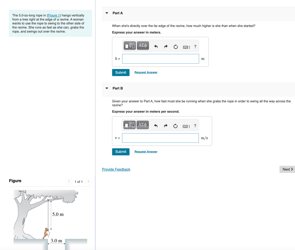 Part A
The 5.0-m-long rope in (Figure 1) hangs vertically
from a tree right at the edge of a ravine. A woman
wants to use the rope to swing to the other side of
the ravine. She runs as fast as she can, grabs the
When she's directly over the far edge of the ravine, how much higher is she than when she started?
rope, and swings out over the ravine.
Express your answer in meters.
ν ΑΣφ
h =
m
Submit
Request Ans
Part B
Given your answer to Part A, how fast must she be running when she grabs the rope in order to swing all the way across the
ravine?
Express your answer in meters per second.
ΑΣφ
?
V =
m/s
Submit
Request Answer
Provide Feedback
Next >
Figure
1 of 1
5.0 m
3.0 m
