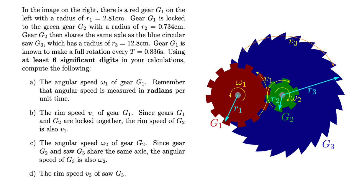 In the image on the right, there is a red gear G1 on the
left with a radius of r1 = 2.81cm. Gear G1 is locked
to the green gear G2 with a radius of r2 = 0.734cm.
Gear G2 then shares the same axle as the blue circular
saw G3, which has a radius of r3
known to make a full rotation every T = 0.836s. Using
at least 6 significant digits in your calculations,
compute the following:
V3!
12.8cm. Gear G1 is
W1
a) The angular speed wi of gear G1. Remember
that angular speed is measured in radians per
T3
r2
unit time.
G2
b) The rim speed vi of gear G1. Since gears G1
and G2 are locked together, the rim speed of G2
is also v1.
G1
G3
c) The angular speed w2 of gear G2. Since gear
G2 and saw G3 share the same axle, the angular
speed of G3 is also w2.
d) The rim speed v3 of saw G3.
