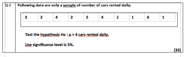 Q-1
Following data are only a sample of number of cars rented daily:
3
2
4
2
5
4
2
1
Test the hypothesis Ho : u> 4 cars rented daily.
Use significance level is 5%.
(33)
