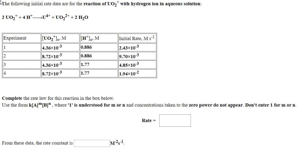 The following initial rate data are for the reaction of UO,* with hydrogen ion in aqueous solution:
2 UO,* + 4 H*u* + UO,2* + 2 H,0
Experiment
[UO,l,, M
|[н"), м
Initial Rate, M s!
2.43x10-3
9.70x10 3
4.85x10-3
1.94x10-2
4.36x10-3
8.72x103
0.886
0.886
4.36x10-3
1.77
14
8.72x103
1.77
Complete the rate law for this reaction in the box below.
Use the form k[A]"[B]", where '1' is understood for m or n and concentrations taken to the zero power do not appear. Don't enter 1 for m or n
Rate =
From these data, the rate constant is
м?1
