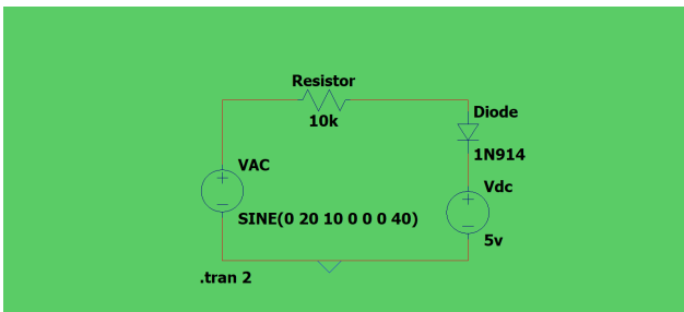 Resistor
Diode
10k
1N914
VAC
Vdc
SINE(0 20 10 0 0 0 40)
5v
.tran 2
