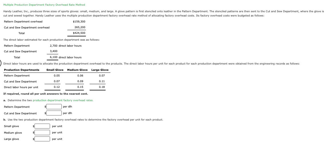 Multiple Production Department Factory Overhead Rate Method
Handy Leather, Inc., produces three sizes of sports gloves: small, medium, and large. A glove pattern is first stenciled onto leather in the Pattern Department. The stenciled patterns are then sent to the Cut and Sew Department, where the glove is
cut and sewed together. Handy Leather uses the multiple production department factory overhead rate method of allocating factory overhead costs. Its factory overhead costs were budgeted as follows:
Pattern Department overhead
Cut and Sew Department overhead
Total
The direct labor estimated for each production department was as follows:
Pattern Department
2,700 direct labor hours
Cut and Sew Department
3,400
Total
6,100 direct labor hours
Direct labor hours are used to allocate the production department overhead to the products. The direct labor hours per unit for each product for each production department were obtained from the engineering records as follows:
Production Departments Small Glove Medium Glove
Large Glove
Pattern Department
0.07
Cut and Sew Department
0.11
Direct labor hours per unit
0.18
If required, round all per unit answers to the nearest cent.
a. Determine the two production department factory overhead rates.
Pattern Department
per dlh
per dlh
$159,300
265,200
$424,500
0.05
0.07
0.12
$
$
0.06
0.09
0.15
Cut and Sew Department
b. Use the two production department factory overhead rates to determine the factory overhead per unit for each product.
Small glove
per unit
Medium glove
per unit
Large glove
per unit